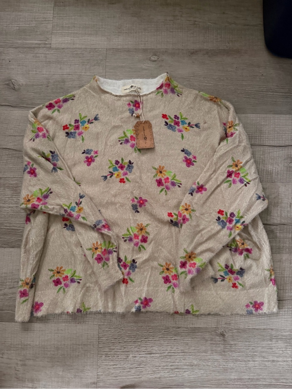 Natural life Cozy Floral Crewneck Sweater - Beige with Pink & Multicolor Flowers